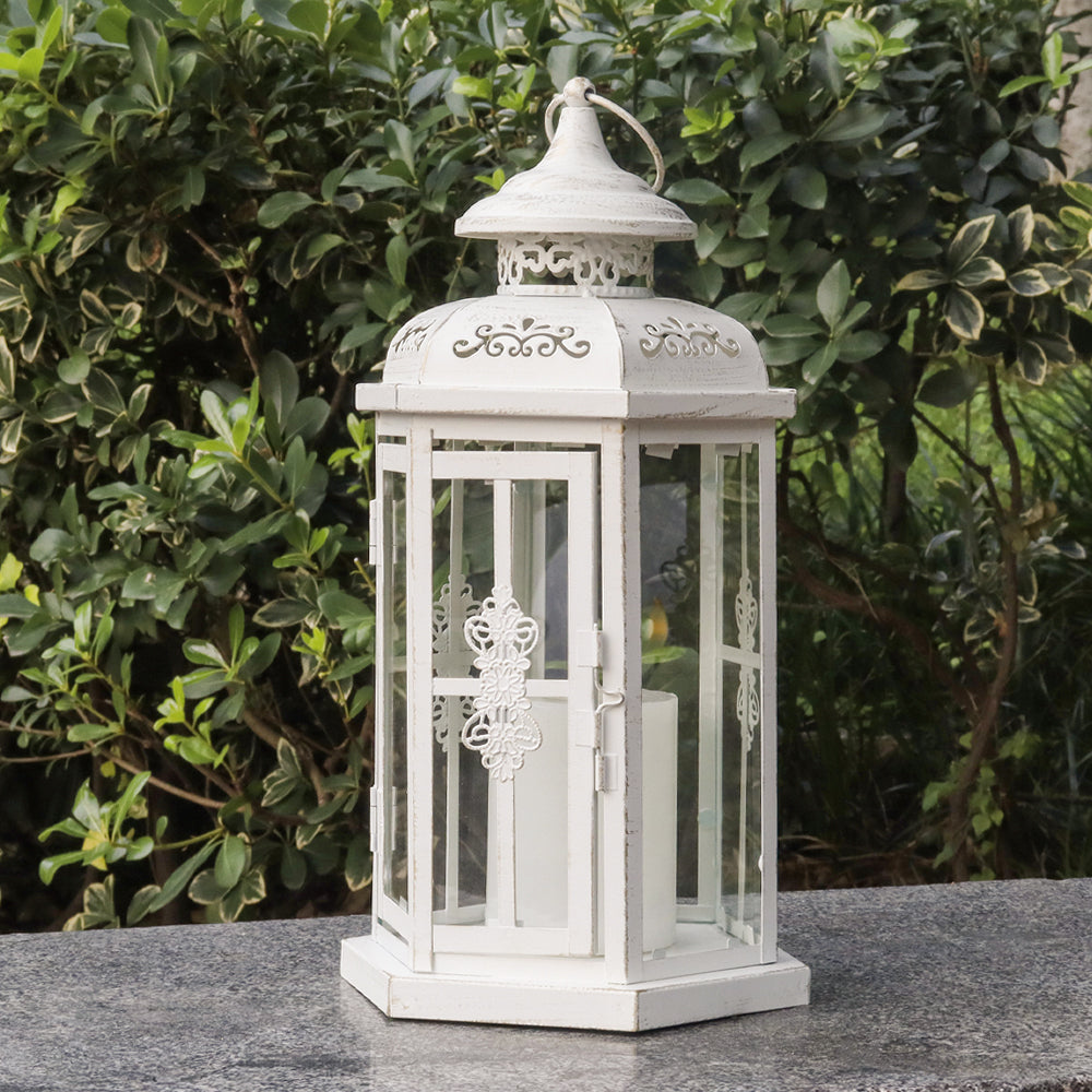 12" Medium White Candle Lantern with Gold Brush — Indoor/Outdoor Metal Lantern-4