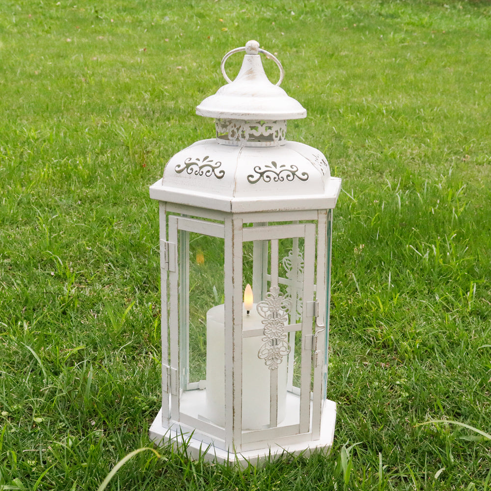 12" Medium White Candle Lantern with Gold Brush — Indoor/Outdoor Metal Lantern-2