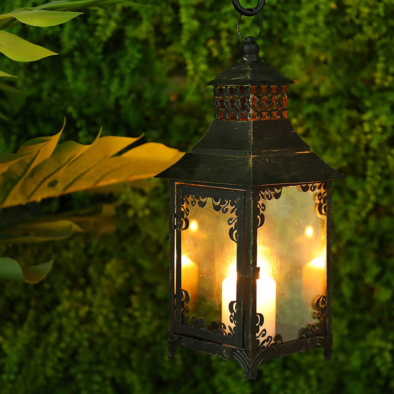 14.5" Vintage Style Candle Lantern – Decorative Metal & Glass Lantern-3