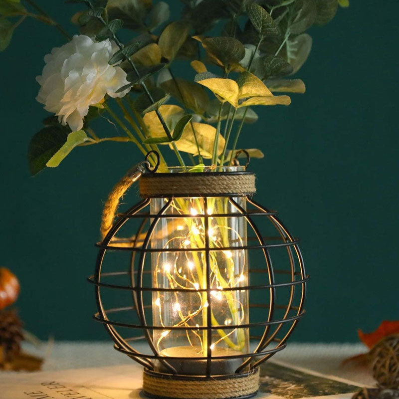 Hemp Rope Cage LED Table Lamp – 7.3" Battery Powered Fairy Light Lantern-3