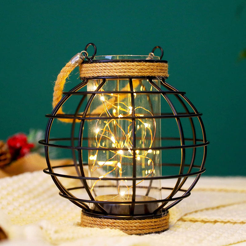 Hemp Rope Cage LED Table Lamp – 7.3" Battery Powered Fairy Light Lantern-2