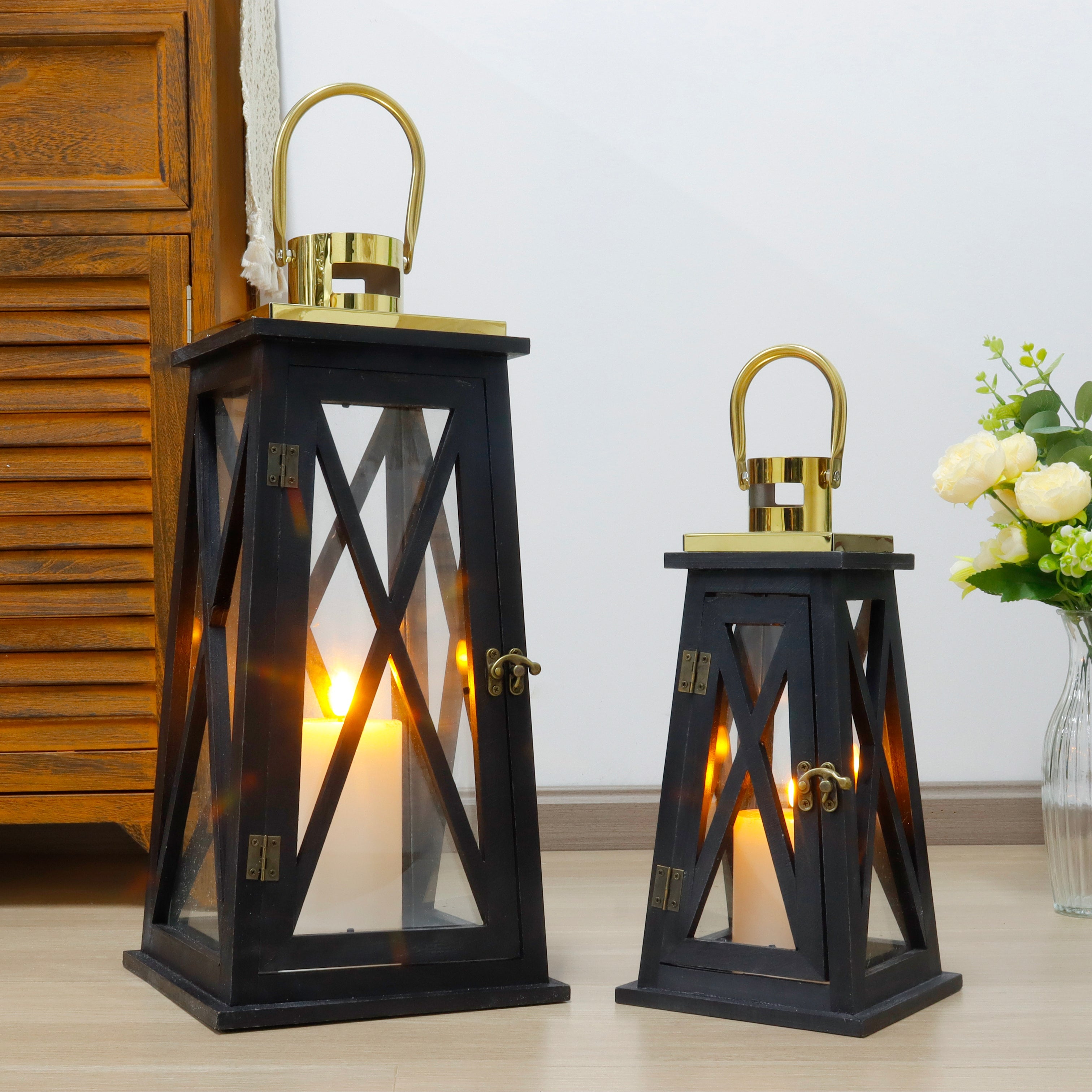 Set of 2 Rustic Metal Hanging Lanterns — 12" & 18"-2