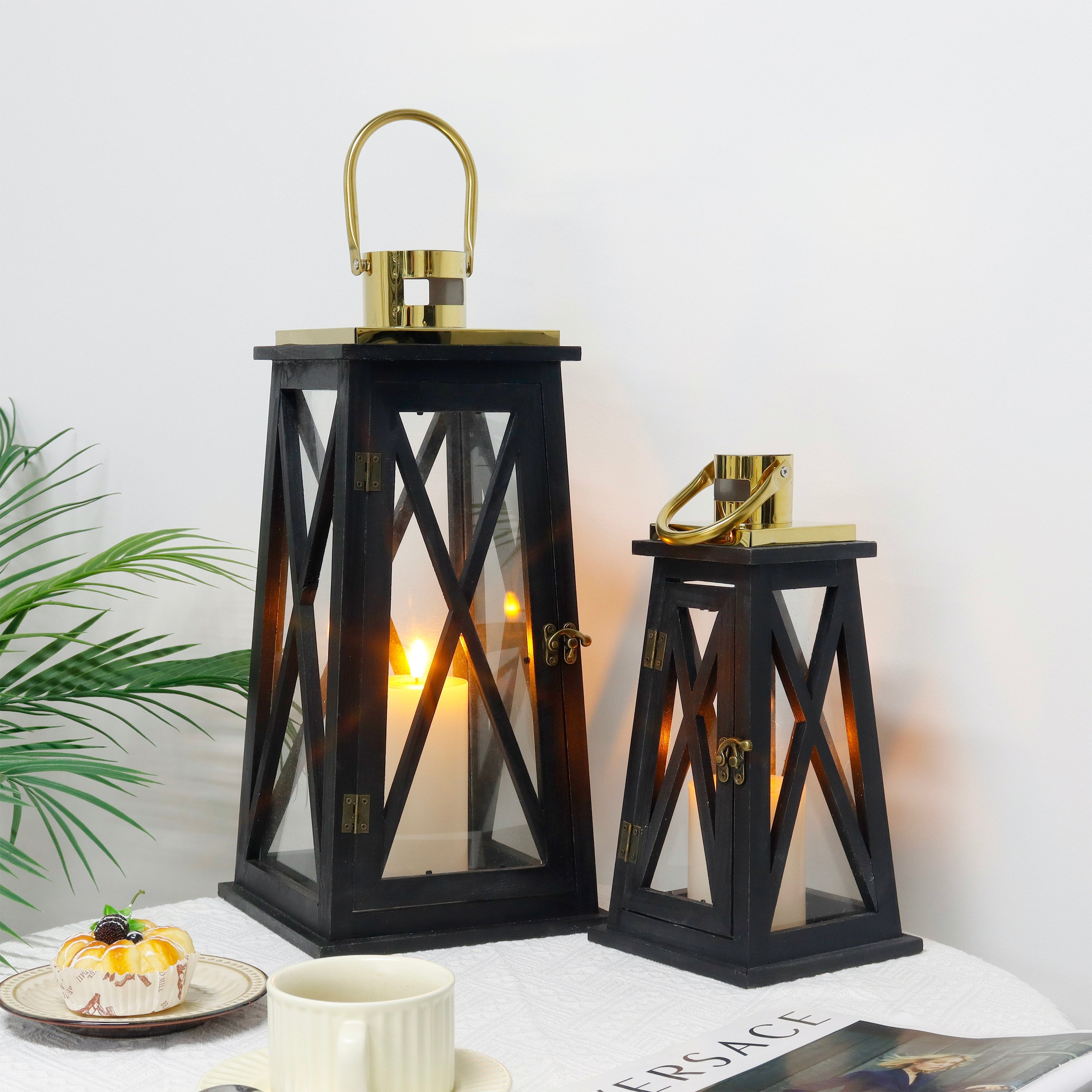 Set of 2 Rustic Metal Hanging Lanterns — 12" & 18"-3