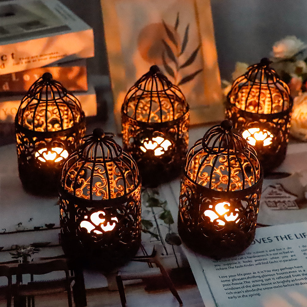 Vintage Birdcage Tealight Lantern Set – 6 pcs, Black (5.5")-1