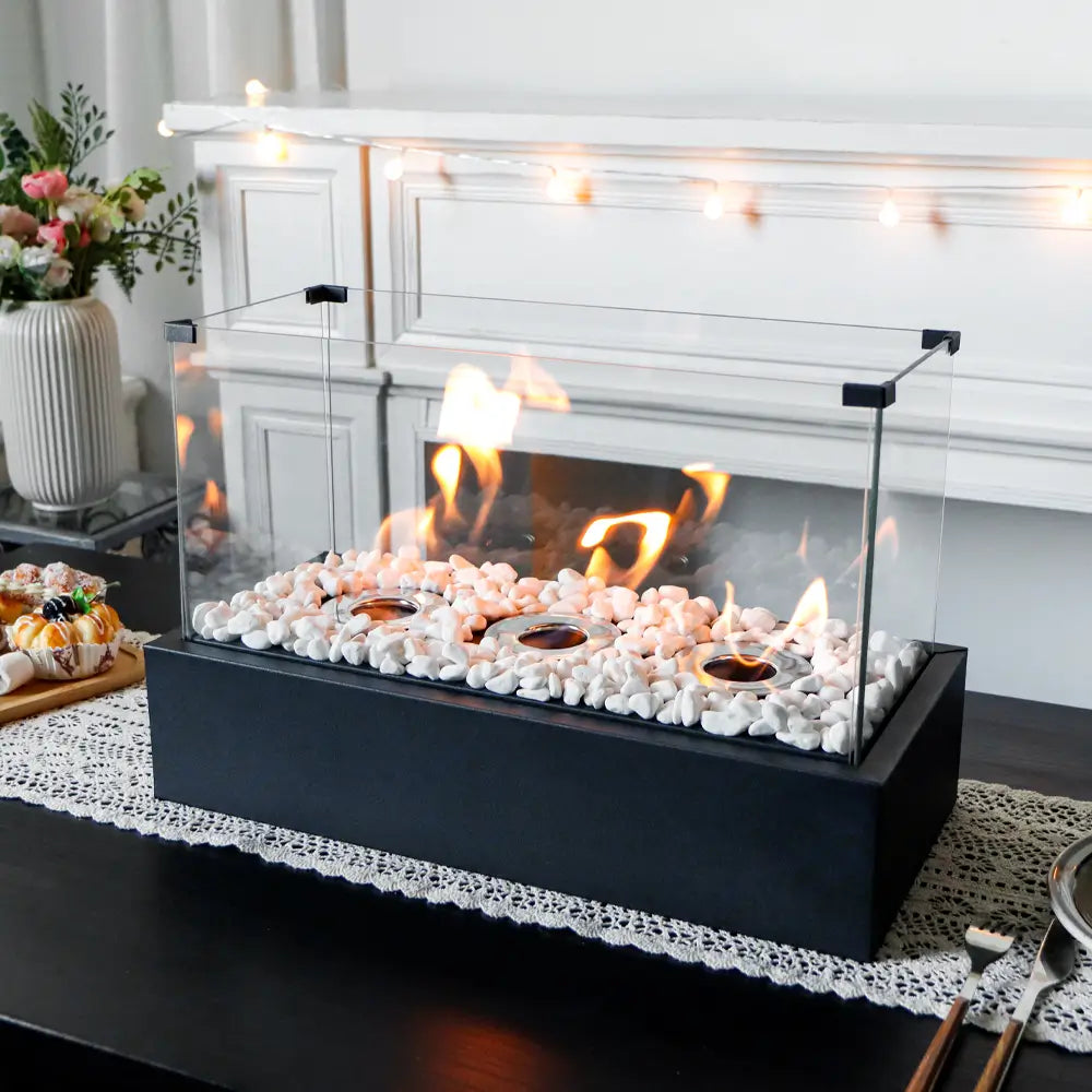 Portable Tabletop Fireplace - Rectangular Large Tabletop Fire Pit with Four-Sided Glass 18''L  -4