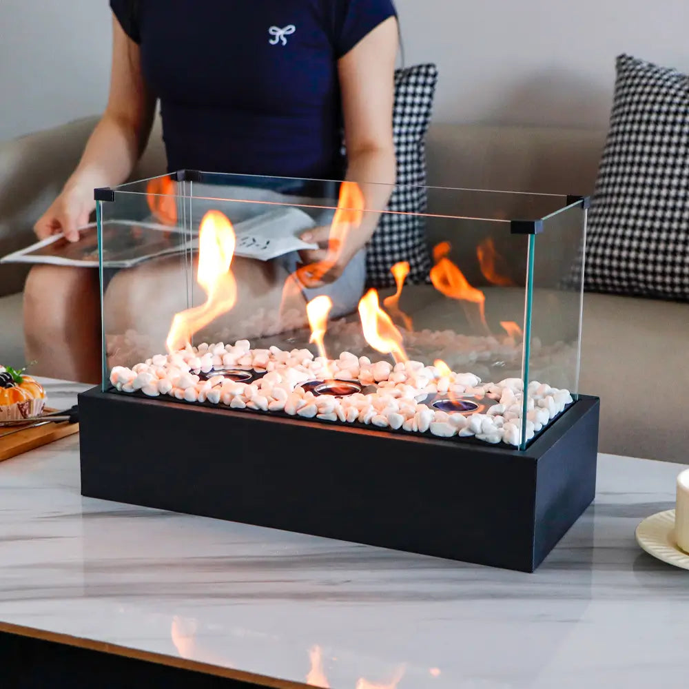 Portable Tabletop Fireplace - Rectangular Large Tabletop Fire Pit with Four-Sided Glass 18''L  -0